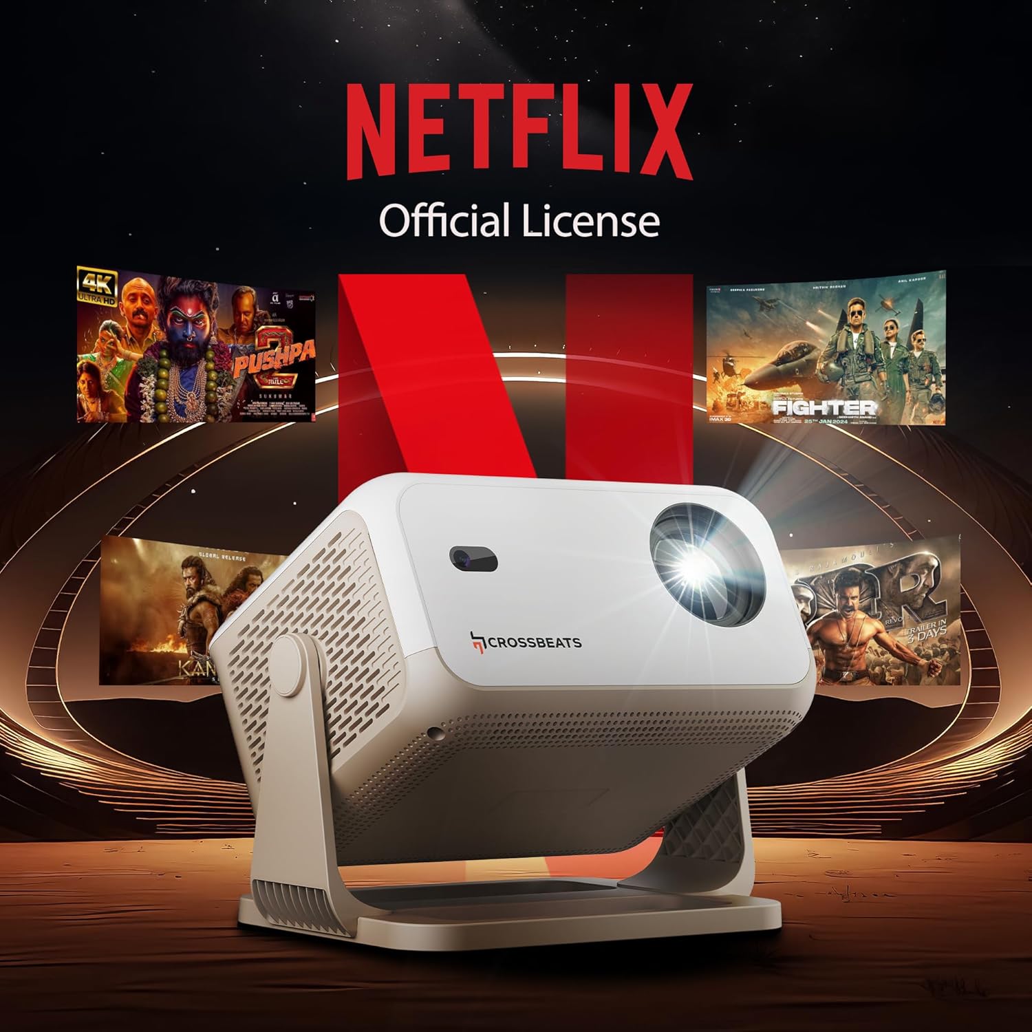 [Netflix Official License] Crossbeats Lumex Flix Projector 4k Ultra HD, 1080p Native, Android 13, WiFi, 16000 Lumens, Smart Mini Projector for Room, Portable Home Cinema, Built-in Apps, 300”Display