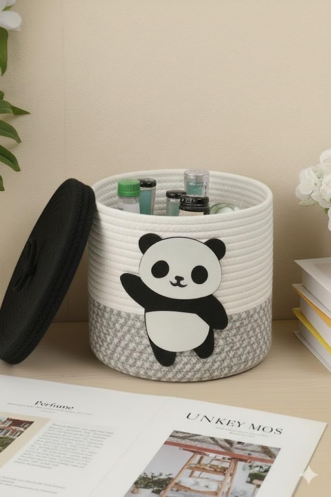 Jute Basket For Storage Cotton Rope Toys Basket With Lid Handwoven Natural Foldable Laundry Hamper for Home, Office, Living Room Size 10×10 inch (PANDA)